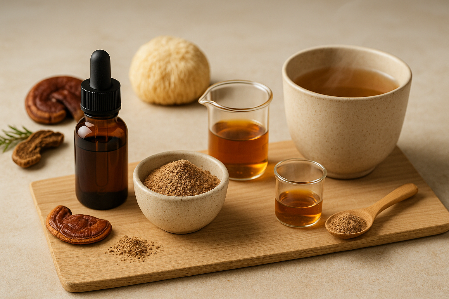 Extraits de champignons médicinaux avec poudre et flacons illustrant la méthode de double extraction.